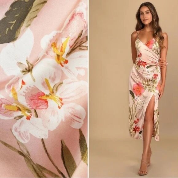 Lulu’s Satin Pink Floral Midi Slip Dress with thigh slit (S) - Picture 10 of 10